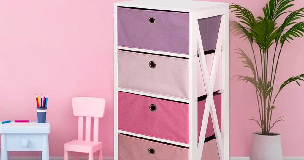 pink and purple 4-draw storage tower in pink room near plant and kids table