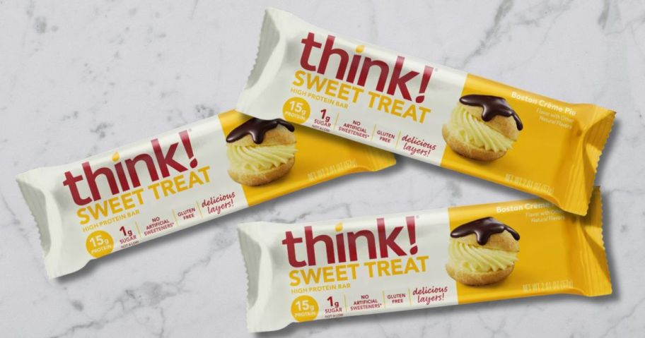 individually wrapped Think protein bars on counter