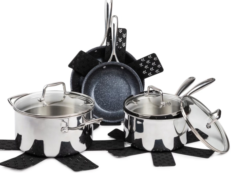 stainless steel cookware set with pots, pans, and pan protectors