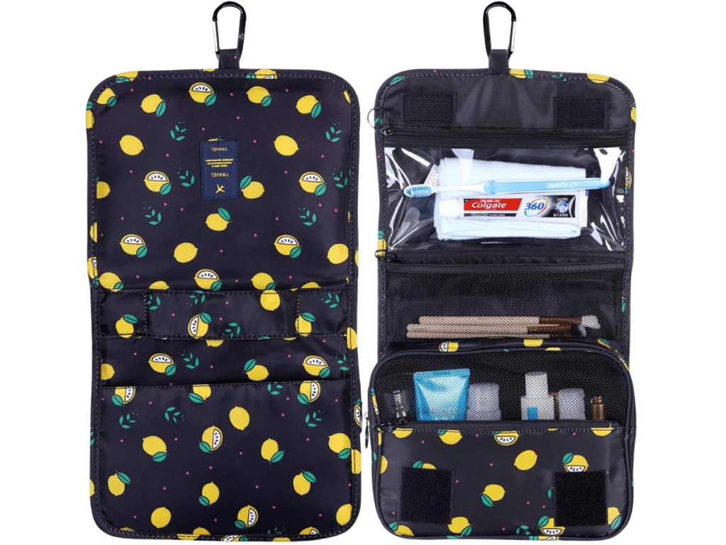 front and bag of lemon toiletry bag