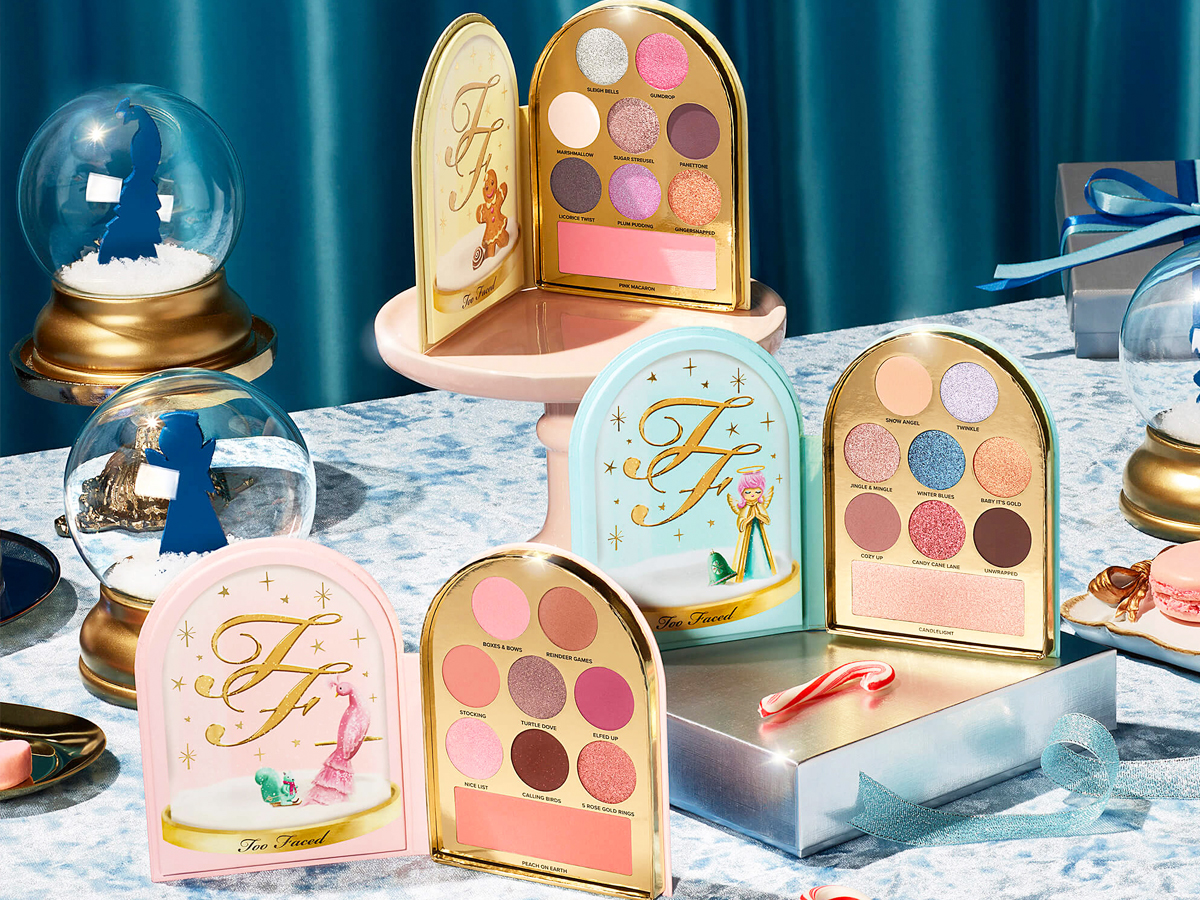 three snow globe shaped eye and face palettes