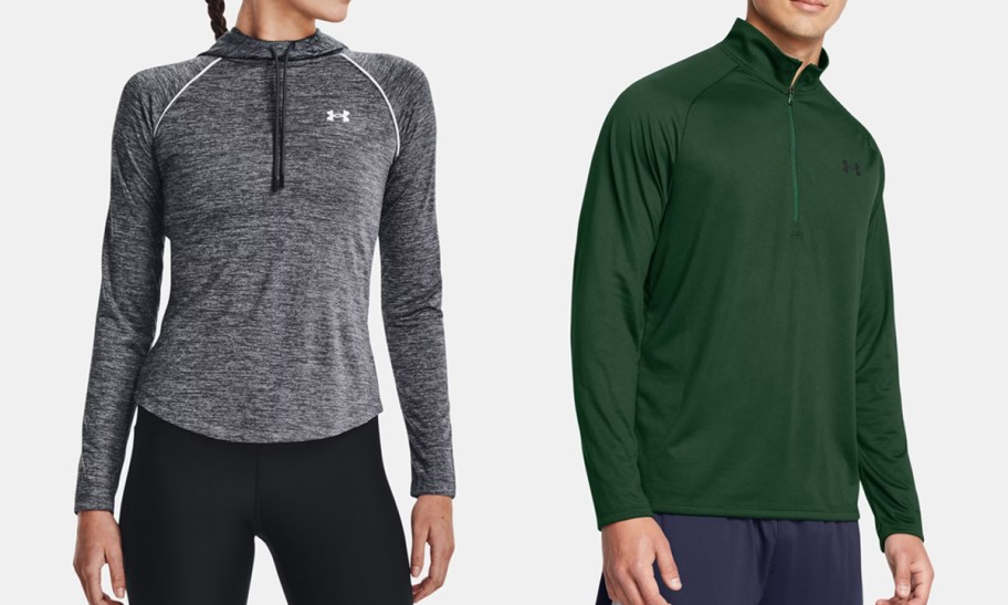 woman and man in grey and green under armour hoodies