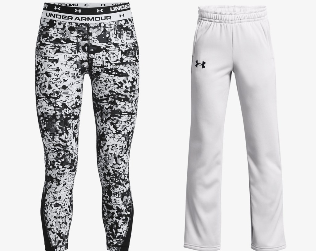 black and white leggings and light grey sweatpants