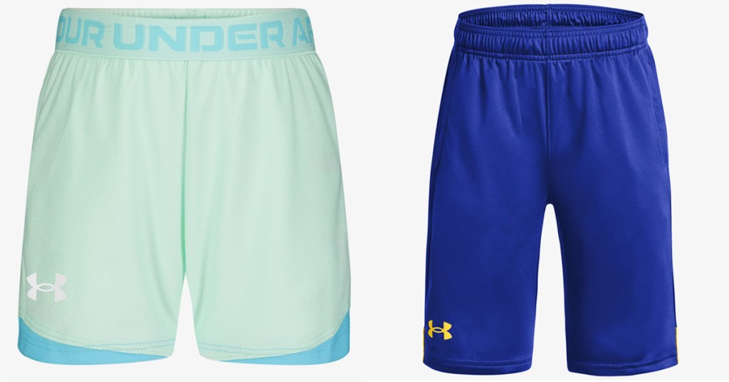 light green and blue pairs of shorts