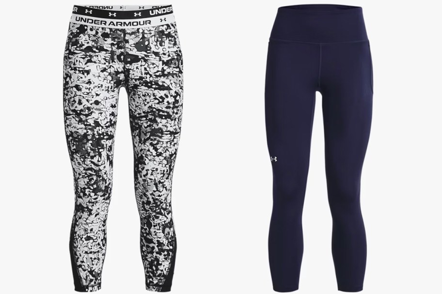 black/white and navy blue pairs of leggings