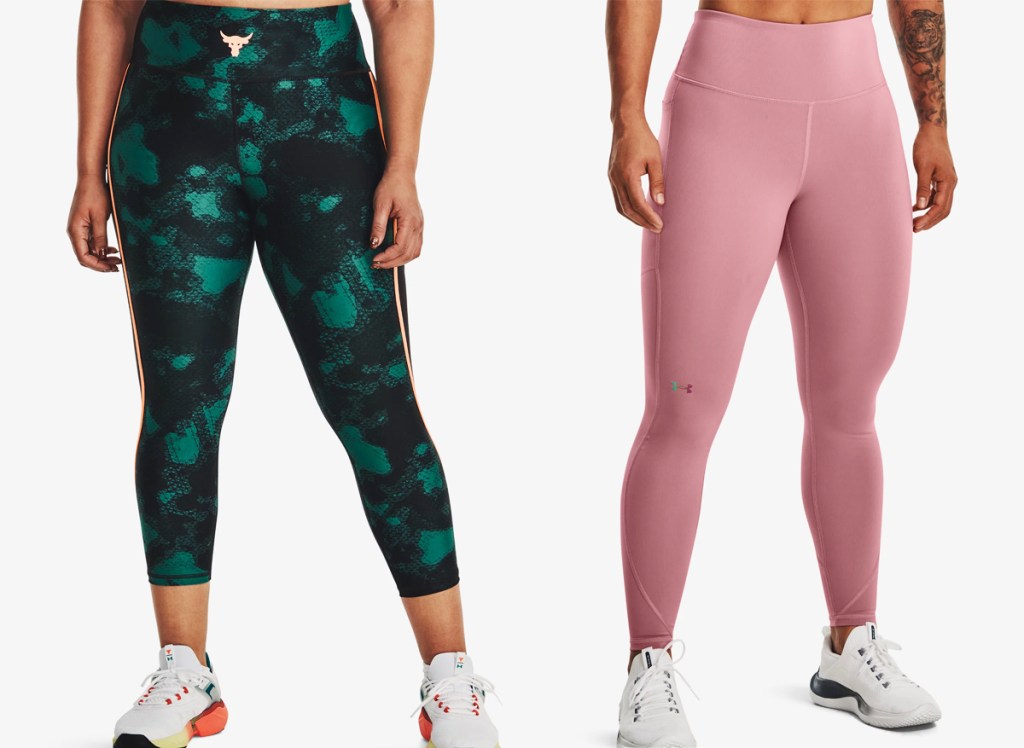 women in green/black and solid pink leggings