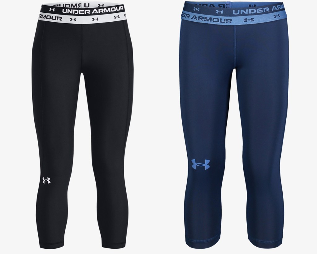 black and blue pairs of under armour leggings