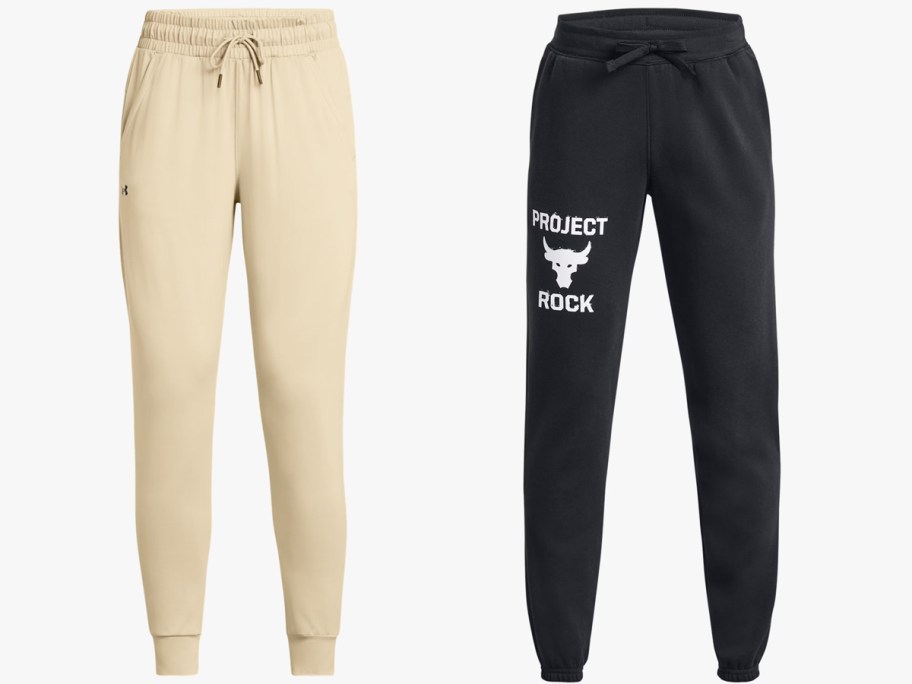 pairs of tan and black joggers