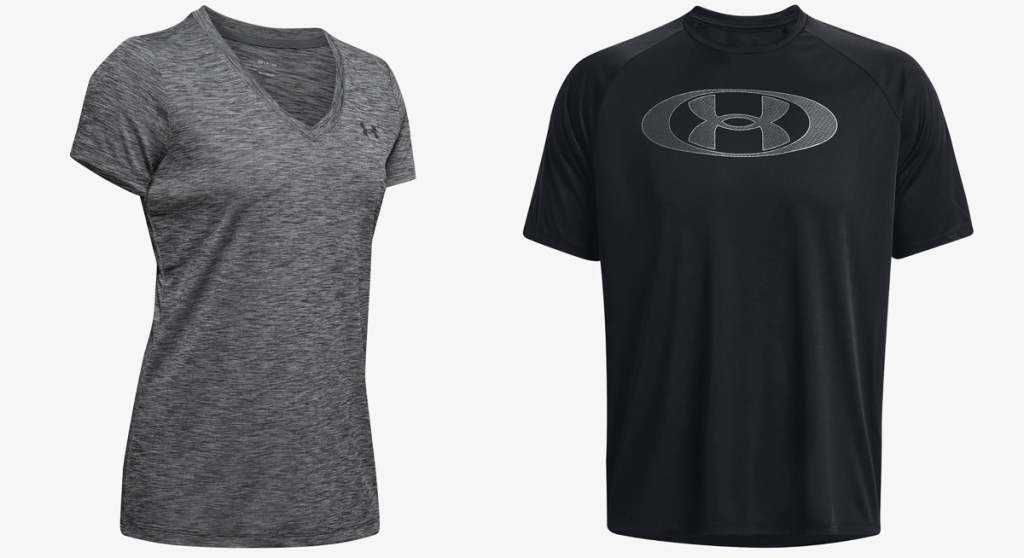 grey and black under armour tops