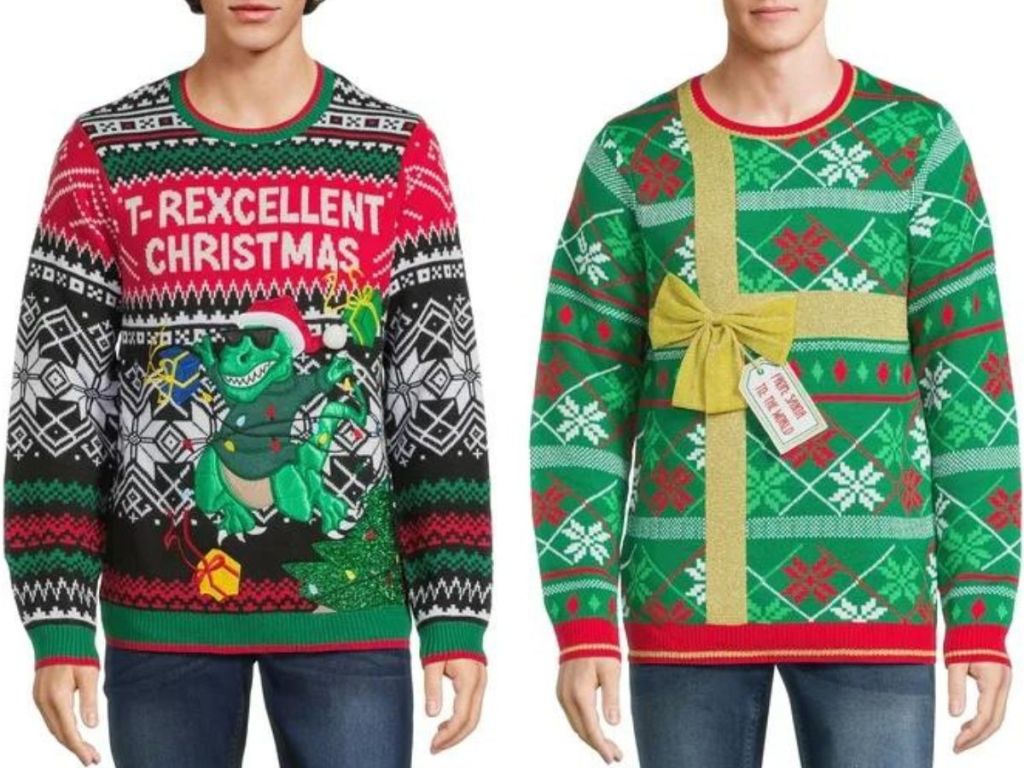 2 men wearing Ugly Christmas Sweaters