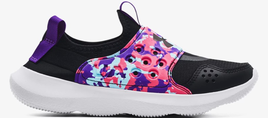 black, pink, purple, and blue slip-on running shoe