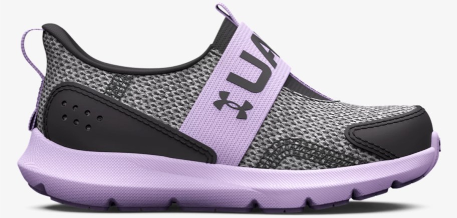 grey and purple slip-on running shoe