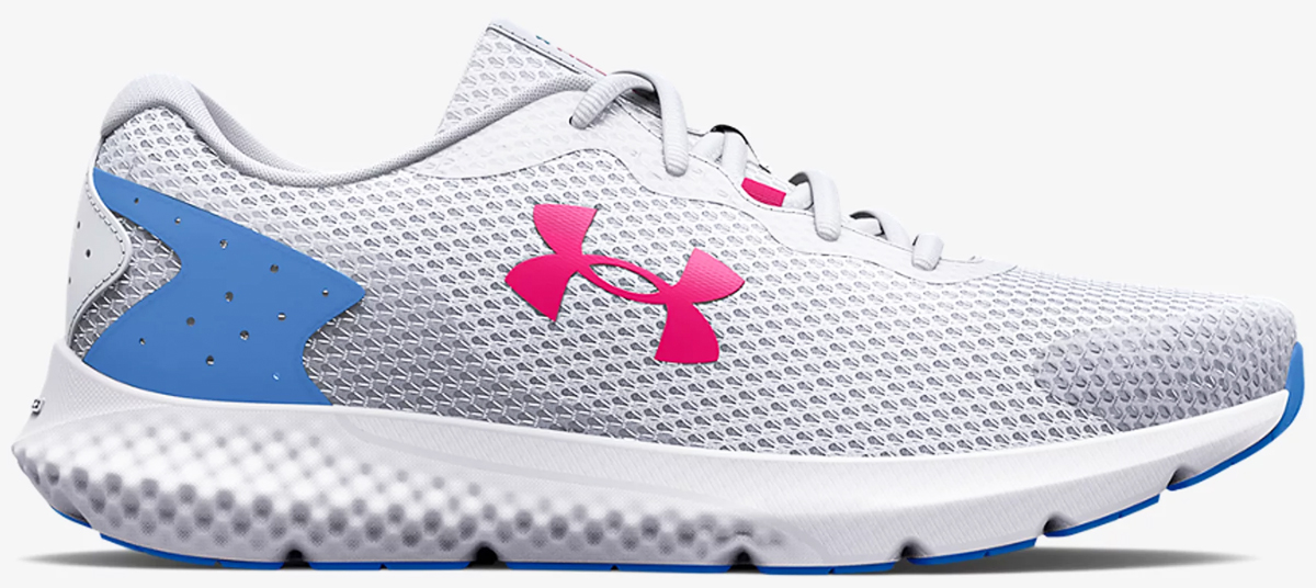 white, blue, and pink under armour running shoe
