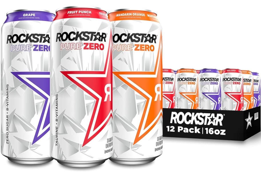 Rockstar Pure Zero Variety Pack in box with 3 cans in front
