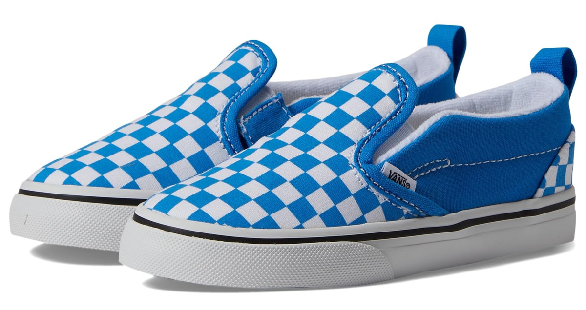 blue and white checkered Vans Kids Slip-On sneakers