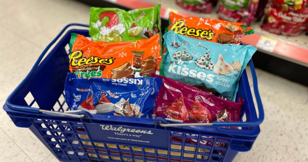 bags of hershey's kisses and reese's in walgreens basket