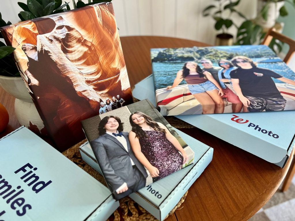 Walgreens photo canvases in three sizes on a table