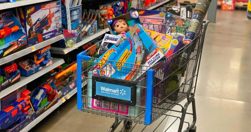 walmart cart full of toys in store