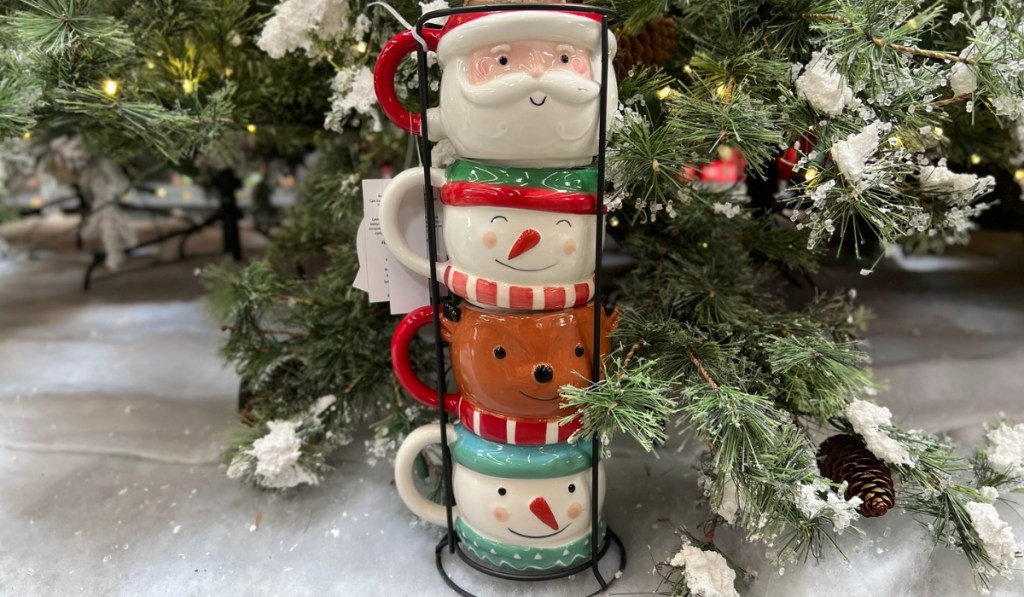 Holiday Time Santa, Snowman, and Reindeer Mix Stackable Mugs w/ Wire Rack