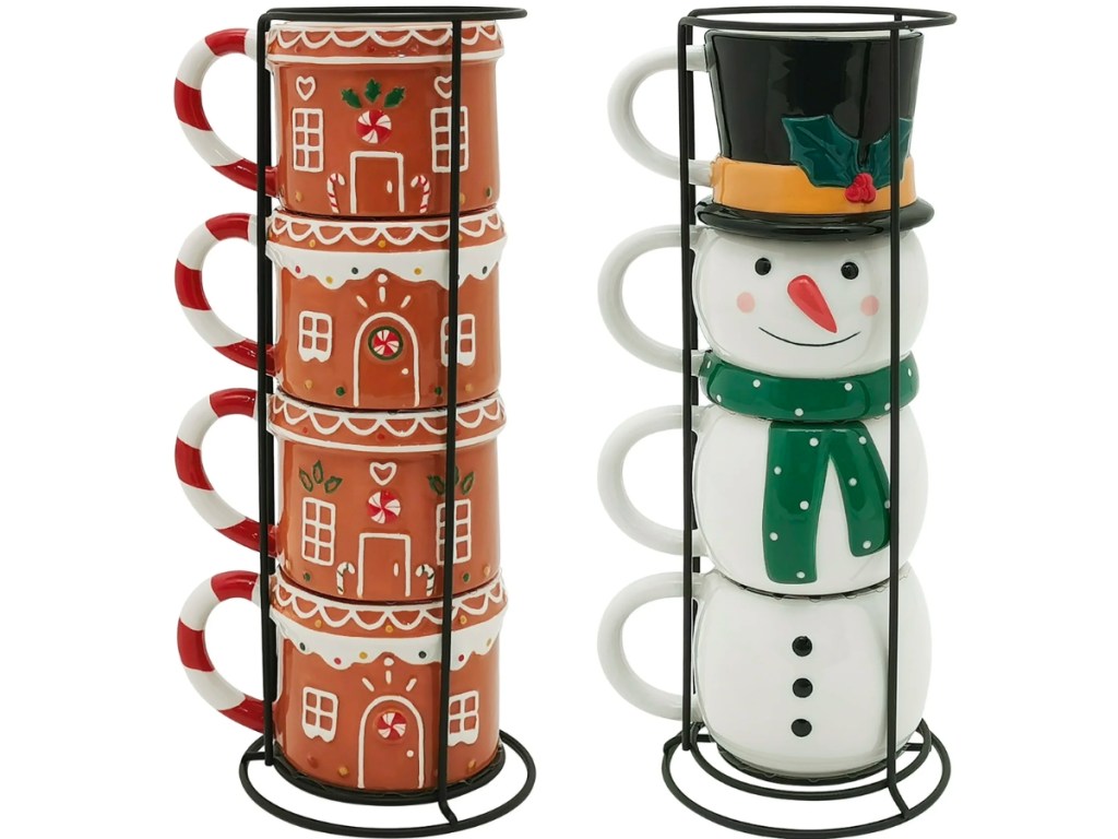 holiday time gingerbread house and snowman stacking coffee mugs
