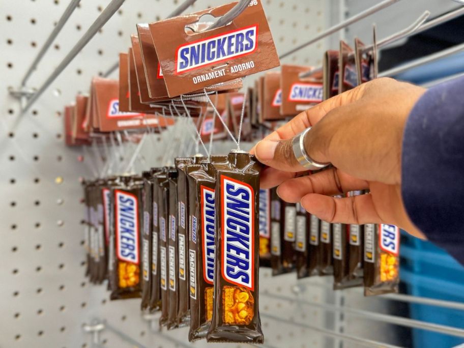 A rack of Snickers Bar Ornaments