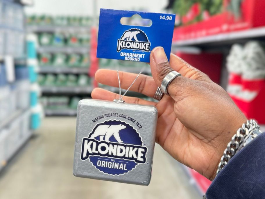 Hand holding up a Klondike Bar ornament