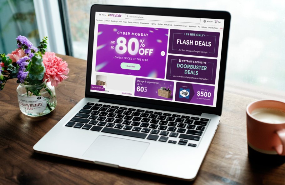 Laptop with Wayfair cyber Monday deals on screen