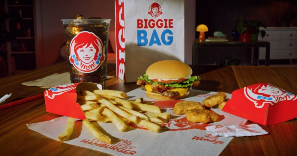 Wendy's Biggie Bag featuring sandwich fries and drink