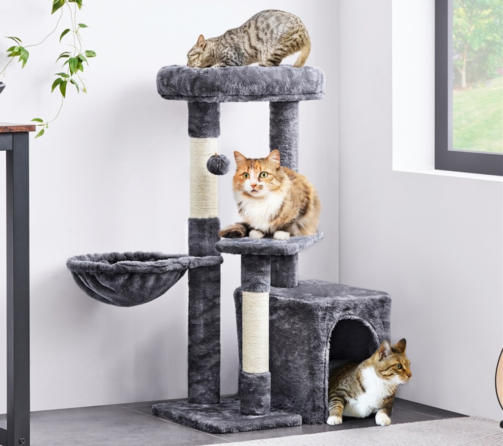 three cats playing on a grey cat tree