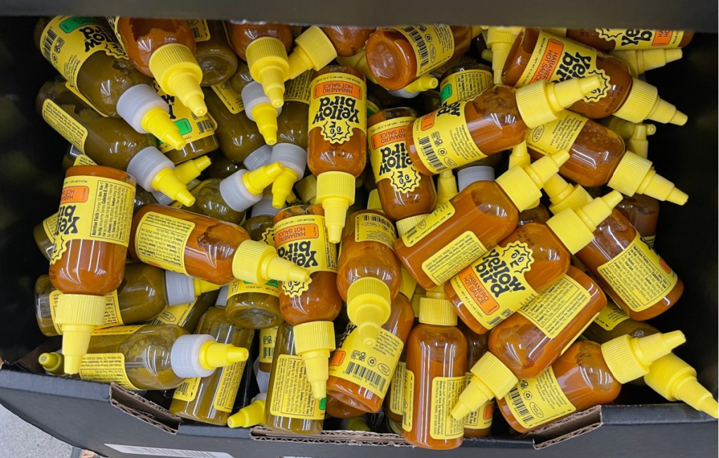 Yellow Bird Hot Sauce bottles at Walmart