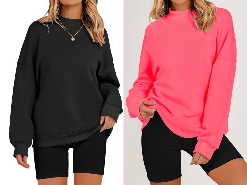 two models wearing ZESICA Womens 2023 Sweatshirts Casual Long Sleeve Mock Neck 2