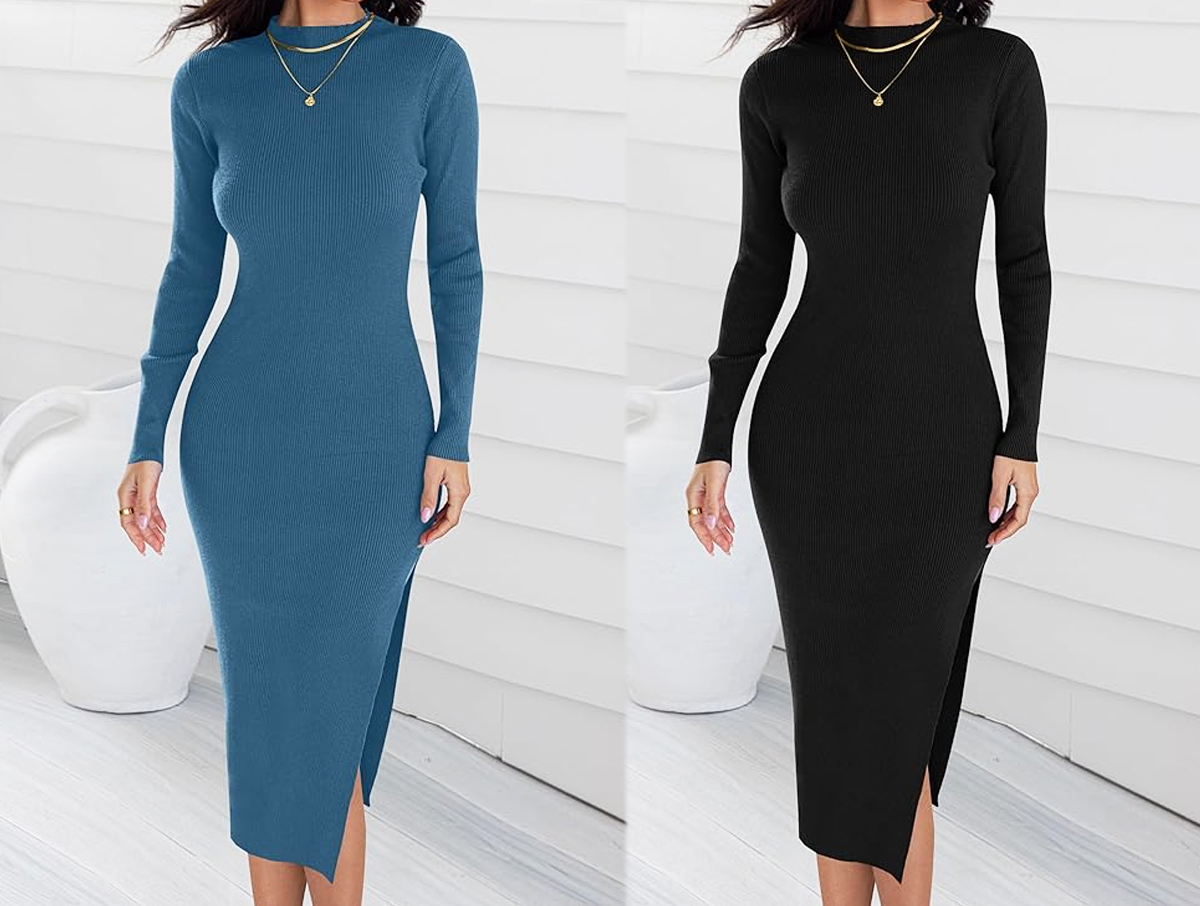 two women in blue and black sweater dresses