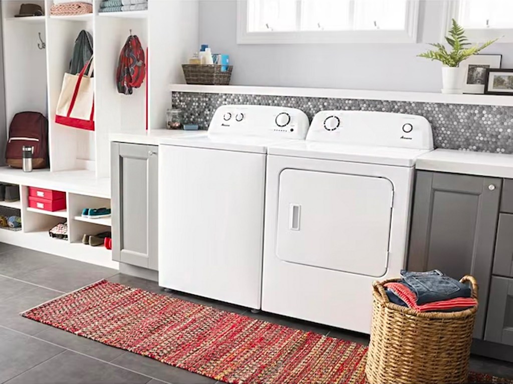 amana washer and dryer in white in laundry room