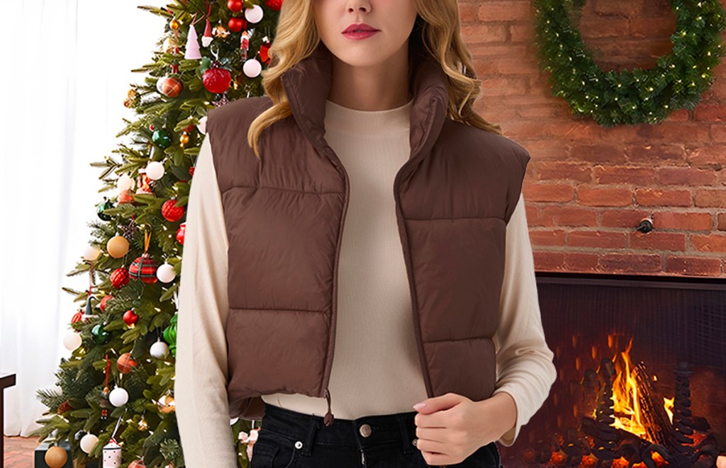 woman wearing brown cropped vest