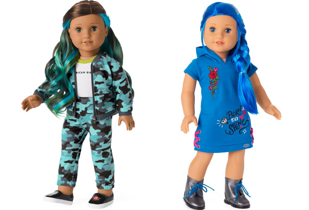 american girl dolls in camo and blue skater outfits