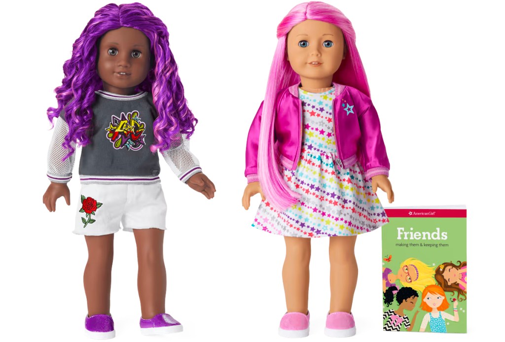 two american girl dolls with purple and pink hair