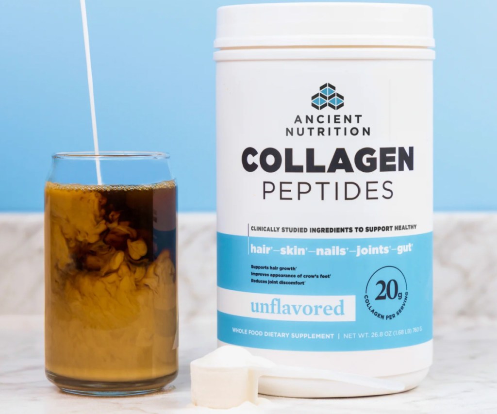 collagen peptides jar next to drink