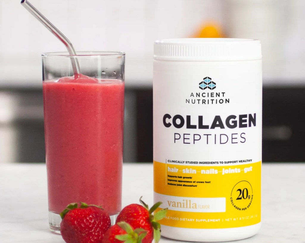 collagen peptides jar next to smoothie