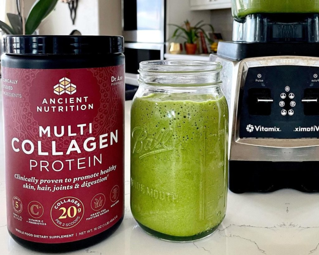 protein powder next to green smoothie