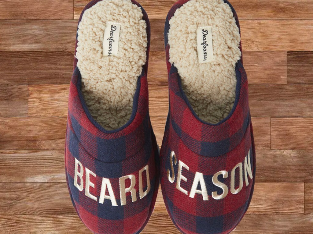 beard season slippers on hardwood floor