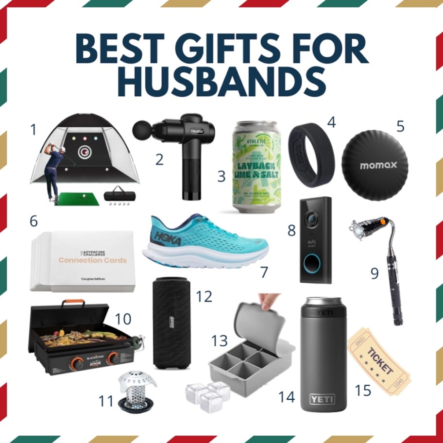 best gifts for husbands graphic collage with various stock photos of images