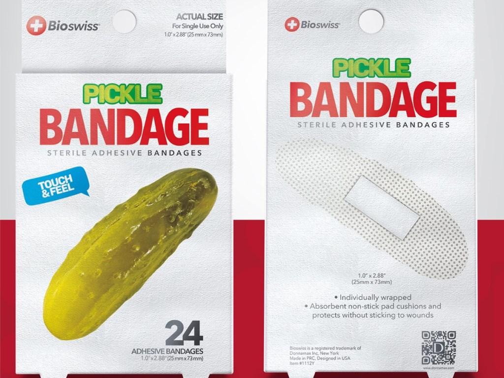 front and back of pickle bandage boxes