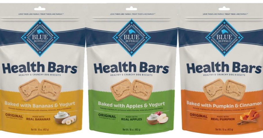 blue buffalo health bar dog treat bags in three flavors