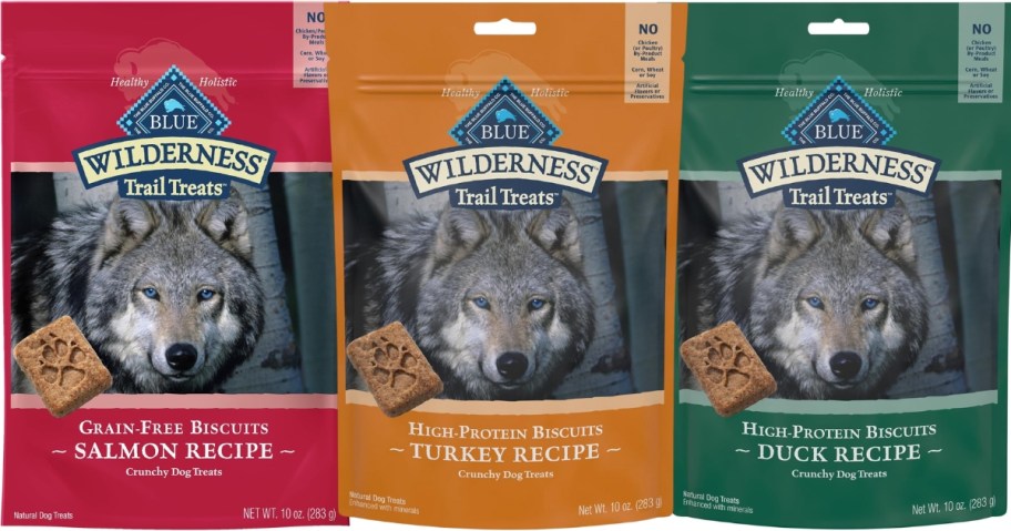 bags of Blue Buffalo Wilderness Trail Treats Crunchy Dog Biscuits
