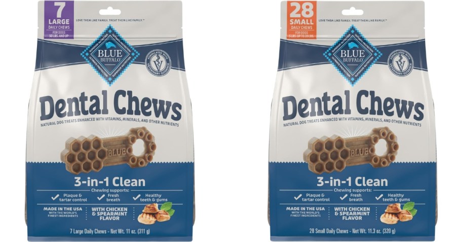 2 bags of Blue Buffalo Dental Chews, Large and Small