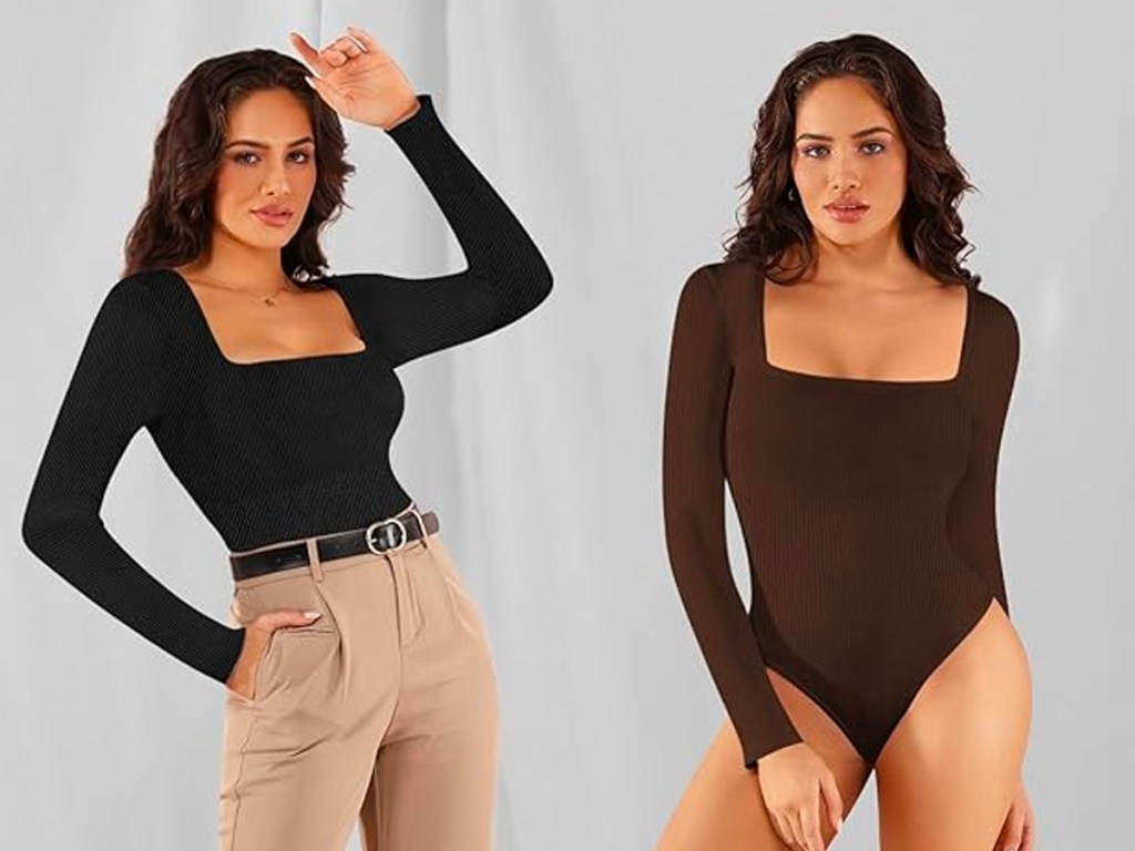 two women wearing black and brown bodysuits