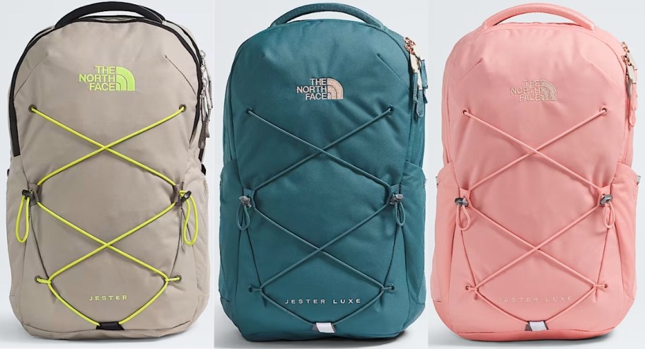 three large backpacks in assorted solid colors
