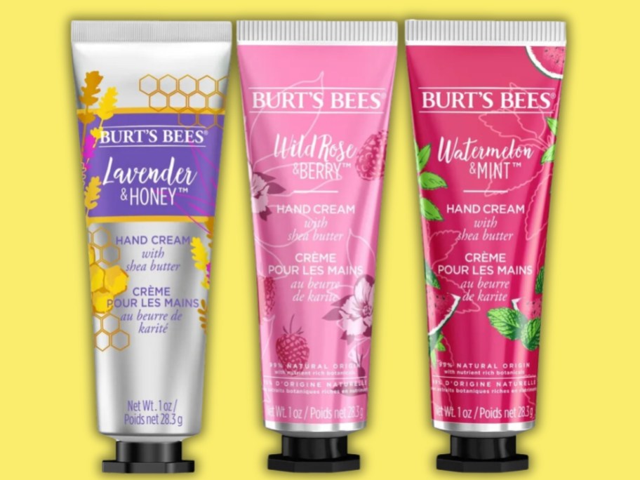 3 Burt's Bees hand creams on a yellow background
