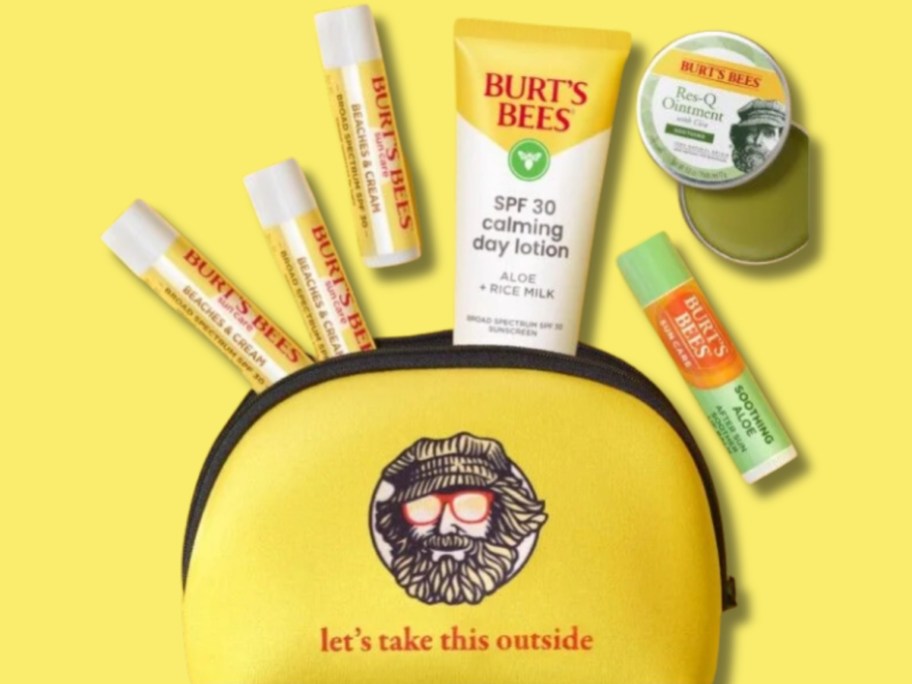 various Burt's Bees lip balms, sunscreen and other products with a Burt's zipper cosmetic bag