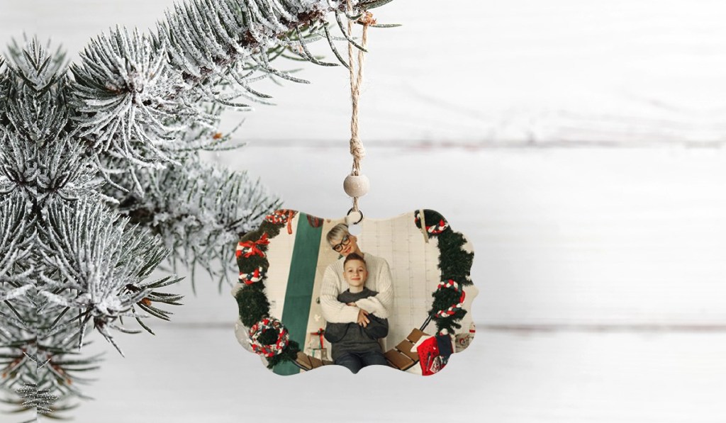 photo ornament on tree branch